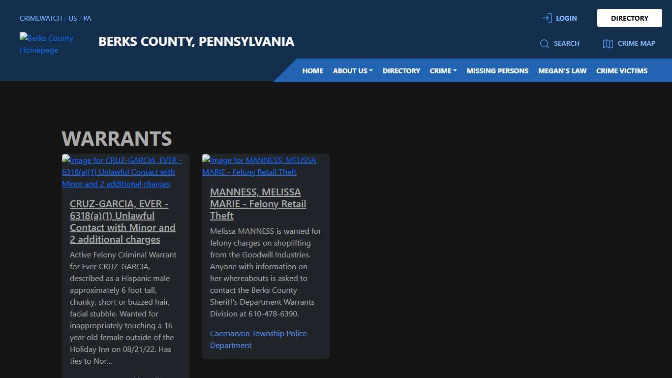 Warrants for Berks County, Pennsylvania CRIMEWATCH